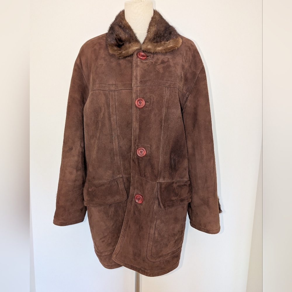 Brown Suede  Sherling Coat with Fur Collar
